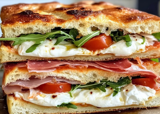A close-up of a stacked fallopini sandwich cut in half, filled with fresh arugula, tomato slices, melted white cheese, and thin slices of prosciutto.