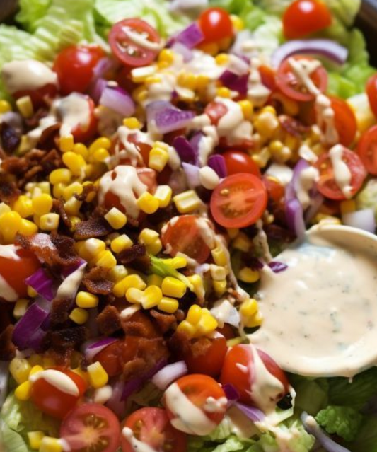 A close-up of a loaded salad with lettuce, sliced tomatoes, corn kernels, red onion, bacon bits, and a creamy dressing drizzle.