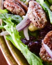 A close-up of a salad with browned sausage or bacon pieces, green lettuce, red onion slices, and dark purple cranberry sauce on a plate.