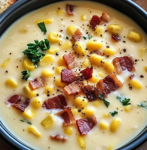 A close-up top-down view of a creamy corn and bacon soup in a dark bowl, garnished with chopped green parsley and black pepper.