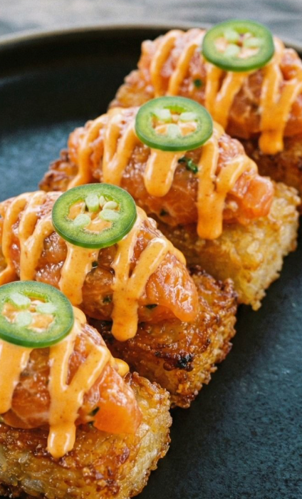 Spicy salmon on crispy rice